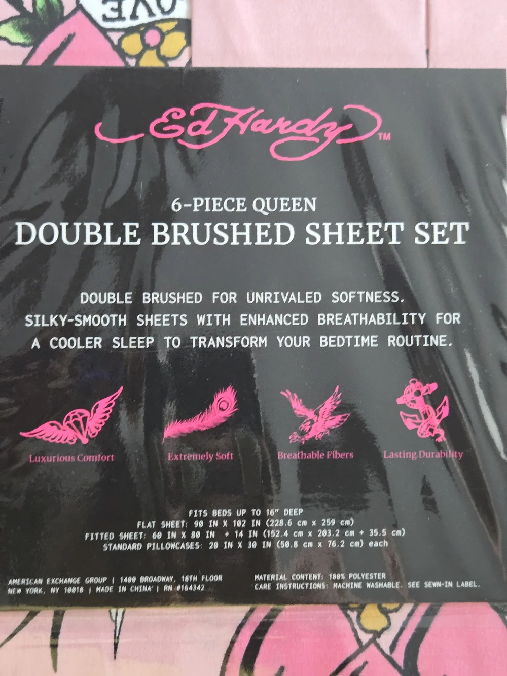 Ed Hardy Queen 6 Piece Pink Skull Rose Tattoo Sheet Set
